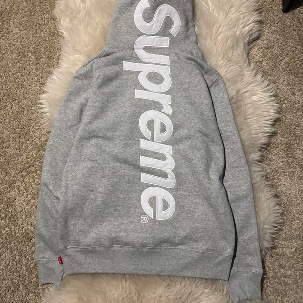 Grey supreme satin applique hoodie
